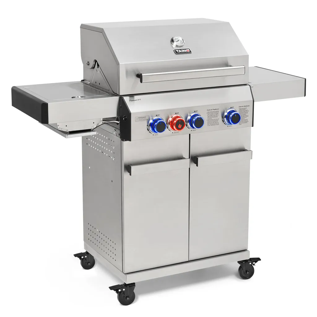 TAINO PLATINUM 3+1 Gasgrill komplett Edelstahl 3-Brenner silber Grillwagen BBQ Griller Piezozündung Seitenkocher Gusseisen-Roste